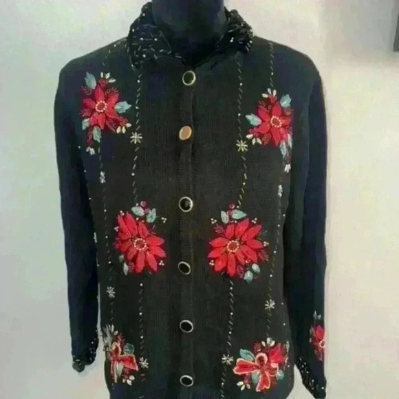Theme Works by Kikit Cardigan Christmas Black Sequin Red Poinsettias - Picture 2 of 5